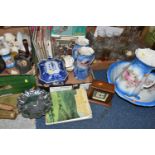 THREE BOXES OF ASSORTED SUNDRY ITEMS ETC, to include a cast metal money box of a black male