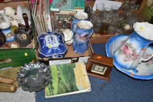 THREE BOXES OF ASSORTED SUNDRY ITEMS ETC, to include a cast metal money box of a black male