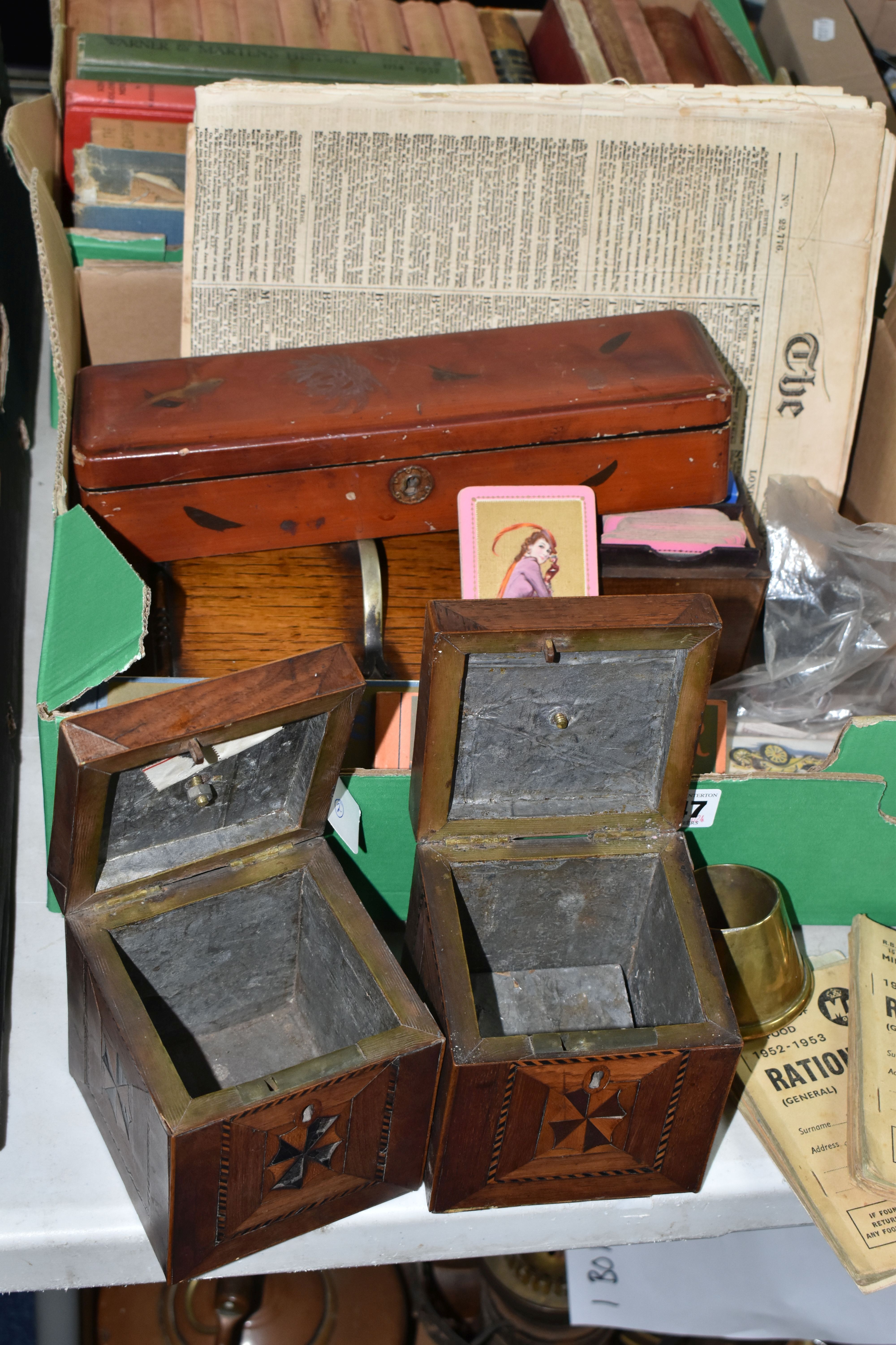 TWO BOXES AND LOOSE BOOKS, EPHEMERA AND SUNDRY ITEMS, to include two small trench art vases, one - Image 3 of 7