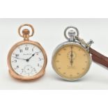 A ROLLED GOLD OPEN FACE POCKET WATCH AND A STOP WATCH, manual wind pocket watch, round white dial