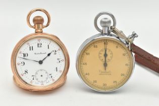 A ROLLED GOLD OPEN FACE POCKET WATCH AND A STOP WATCH, manual wind pocket watch, round white dial