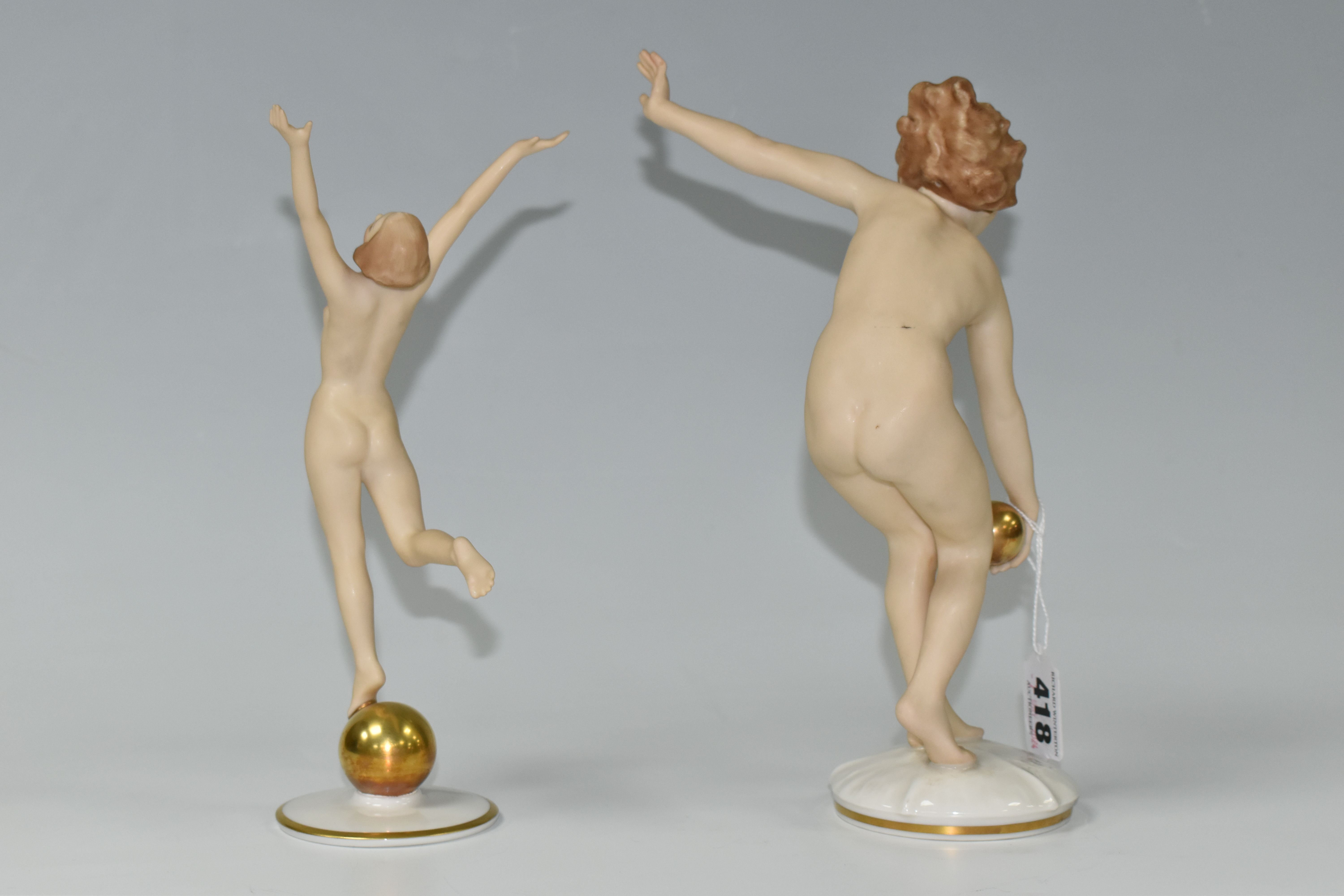 TWO 1930s HUTSCHENREUTHER PORCELAIN NUDE FIGURES, two Art Deco figures comprising 'Ball Player', - Image 4 of 5