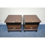 A PAIR OF STAG MINSTREL BEDSIDE CABINETS, with a single drawer, width 53cm x depth 47cm x height