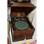 AN EARLY 20TH CENTURY MAHOGANY STAINED HMV TABLE TOP GRAMOPHONE, fitted with an HMV No.4 soundbox