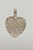 A WHITE METAL DIAMOND SET HEART PENDANT, flat heart pendant pave set with small round brilliant