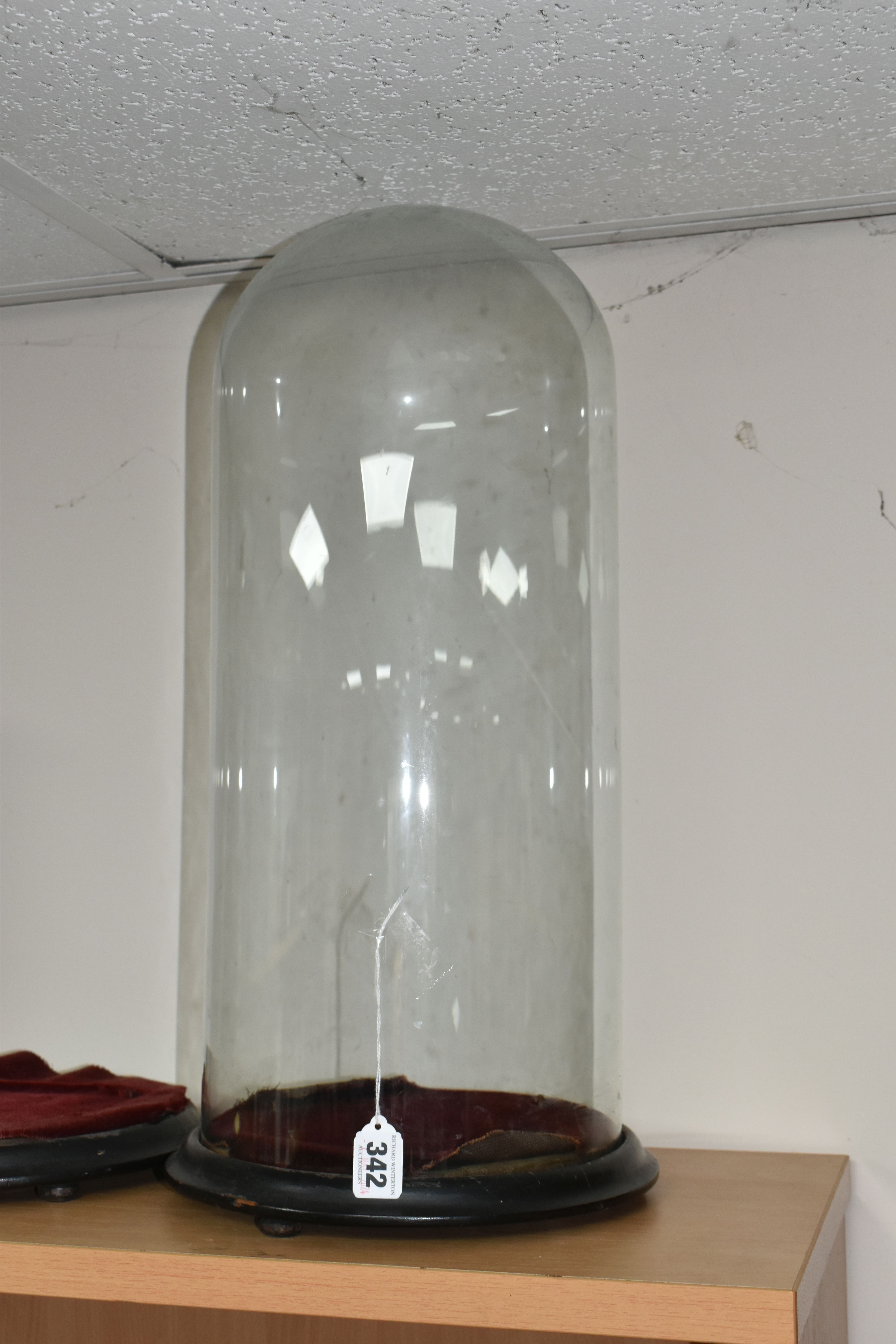 A VICTORIAN GLASS DOME AND TWO WOODEN BASES, comprising glass dome, height approximately 47cm not