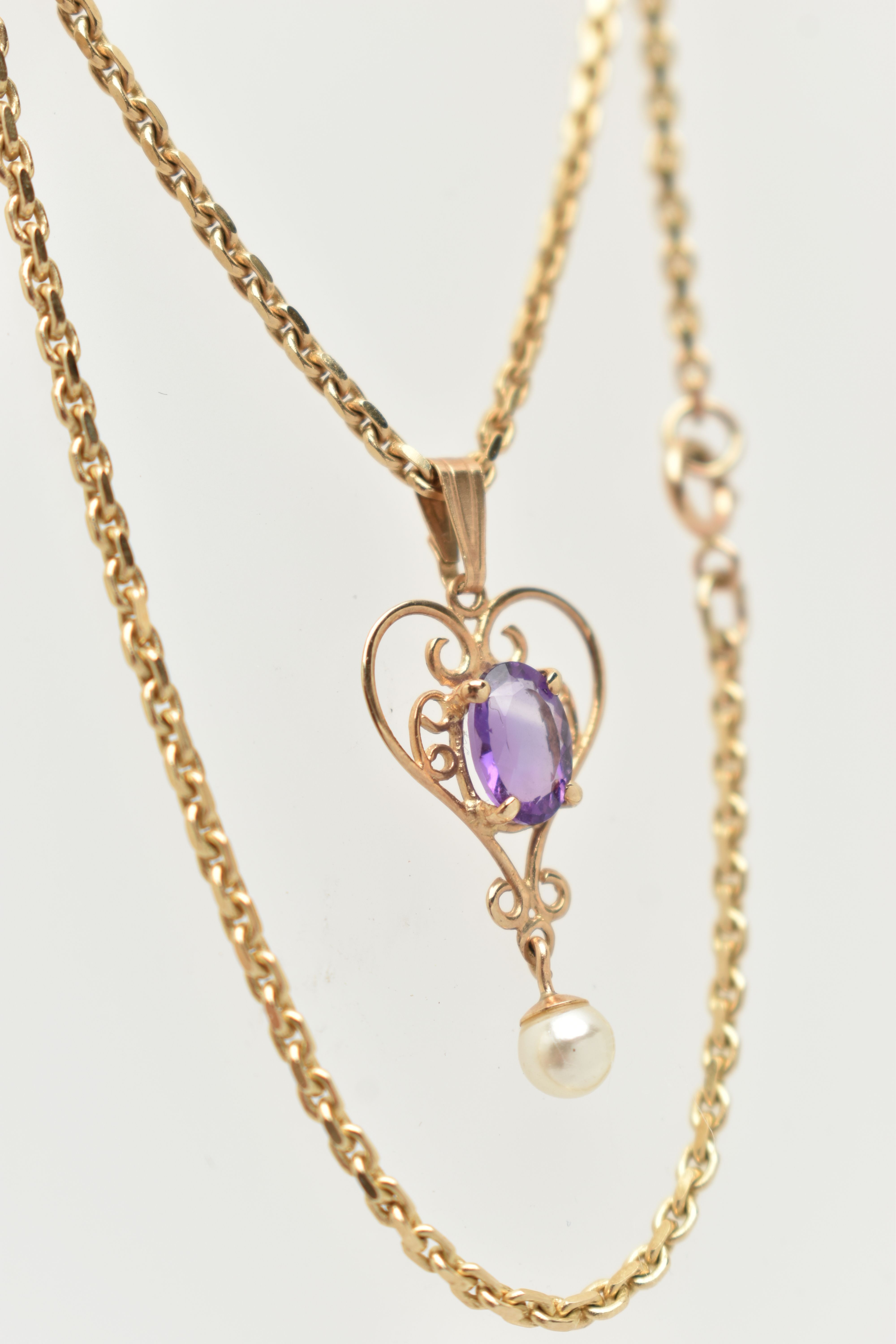 A 9CT GOLD PENDANT NECKLACE, heart shape scrolling pendant set with an oval cut amethyst four claw - Image 3 of 4