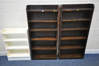 A PAIR OF MAHOGANY SIX TIER OPEN BOOKCASES, width 71cm x depth 22cm x height 147cm, along with a