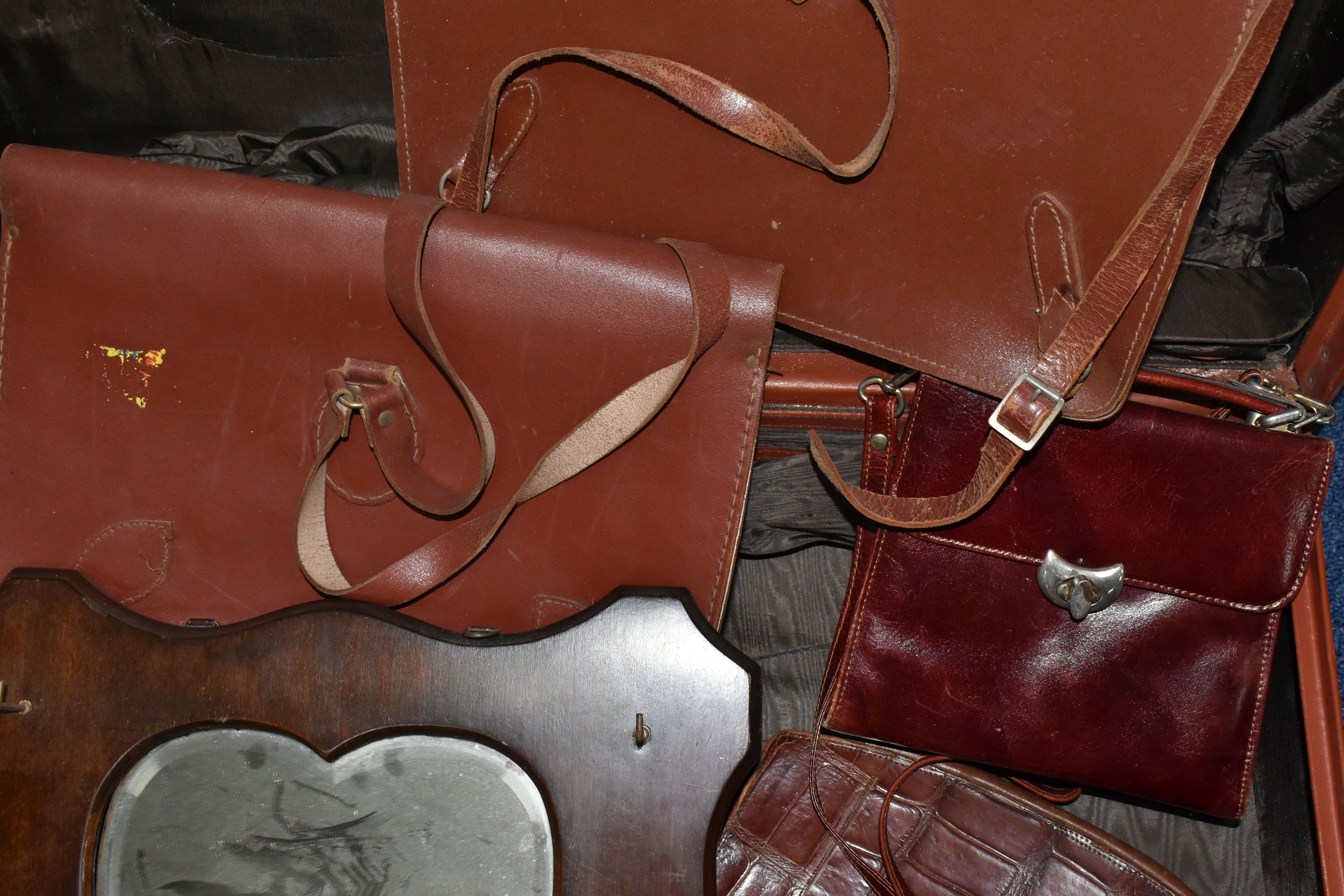 A BROWN TRAVELLING TRUNK, containing two brown leather school satchels (one monogrammed), a brown - Image 2 of 5