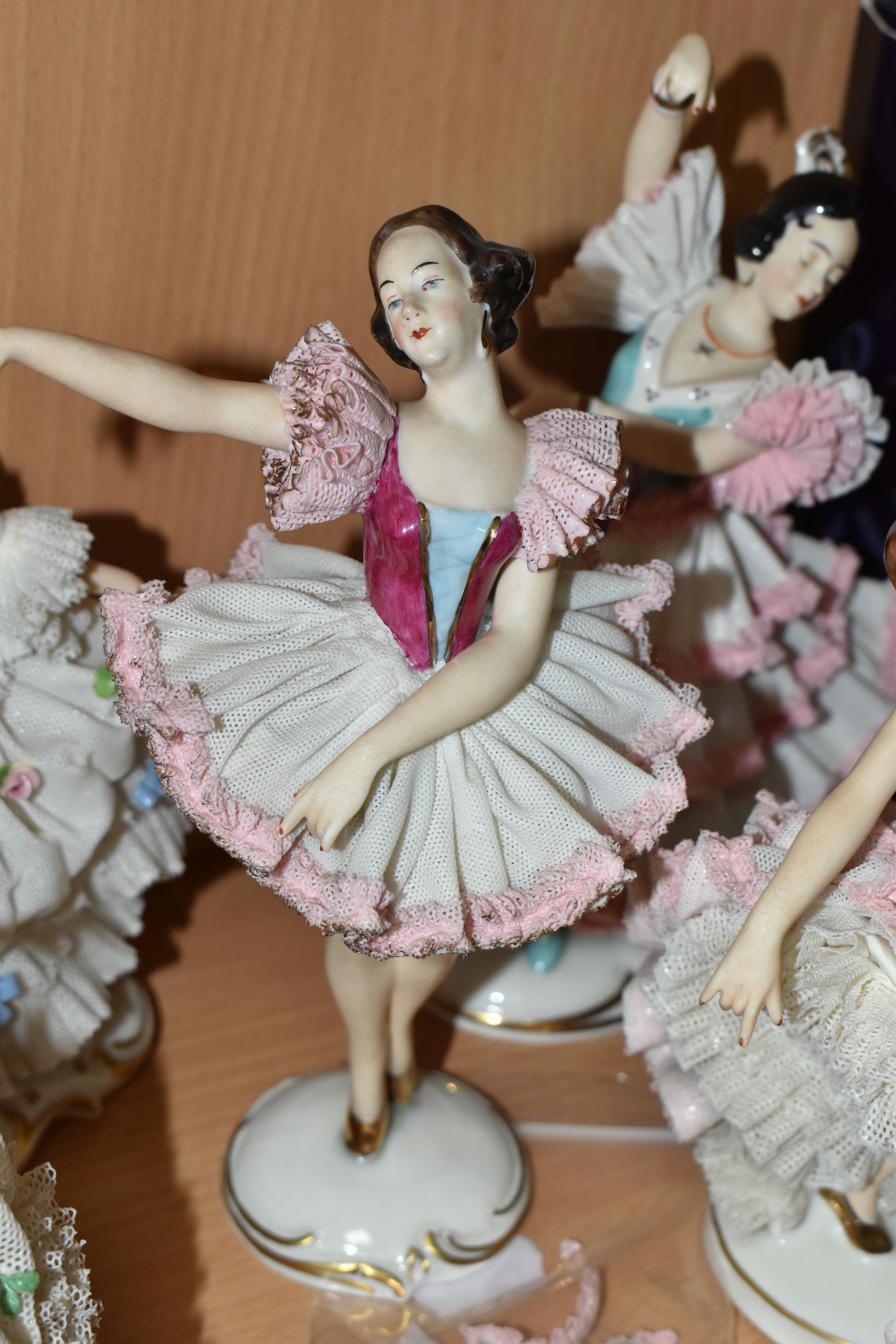 EIGHT DRESDEN FIGURES, with lace skirts, to include a figure group, flamenco, ballet and other - Image 5 of 13