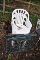 FOUR WHITE PLASTIC GARDEN CHAIRS and two metal folding chair frames (6)