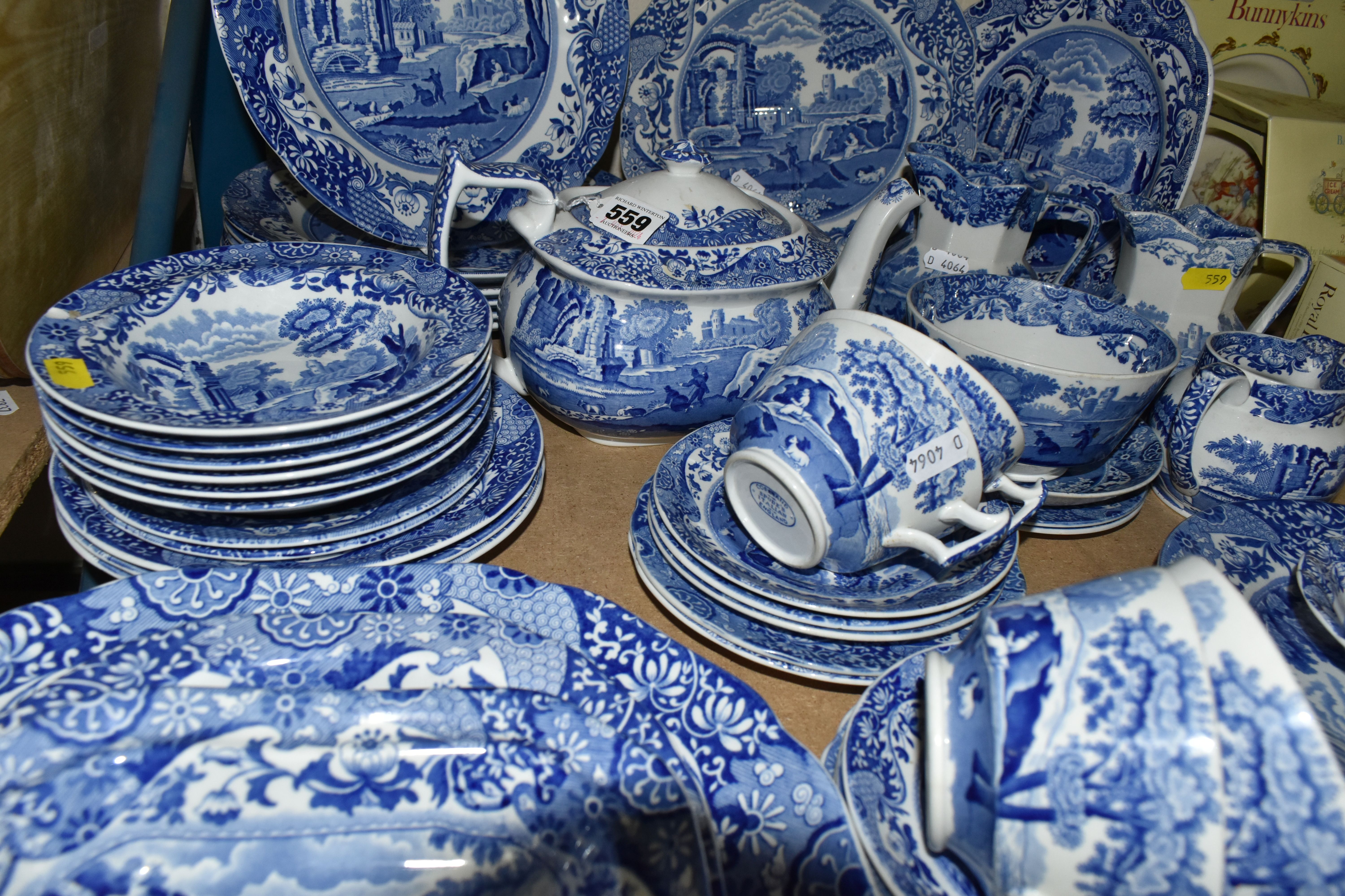 A GROUP OF SPODE'S ITALIAN DESIGN BLUE AND WHITE DINNERWARE, comprising a teapot, covered butter - Image 4 of 7