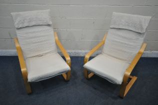A PAIR OF IKEA POANG ARMCHAIRS (condition report: upholstery ideal for a clean, general signs of