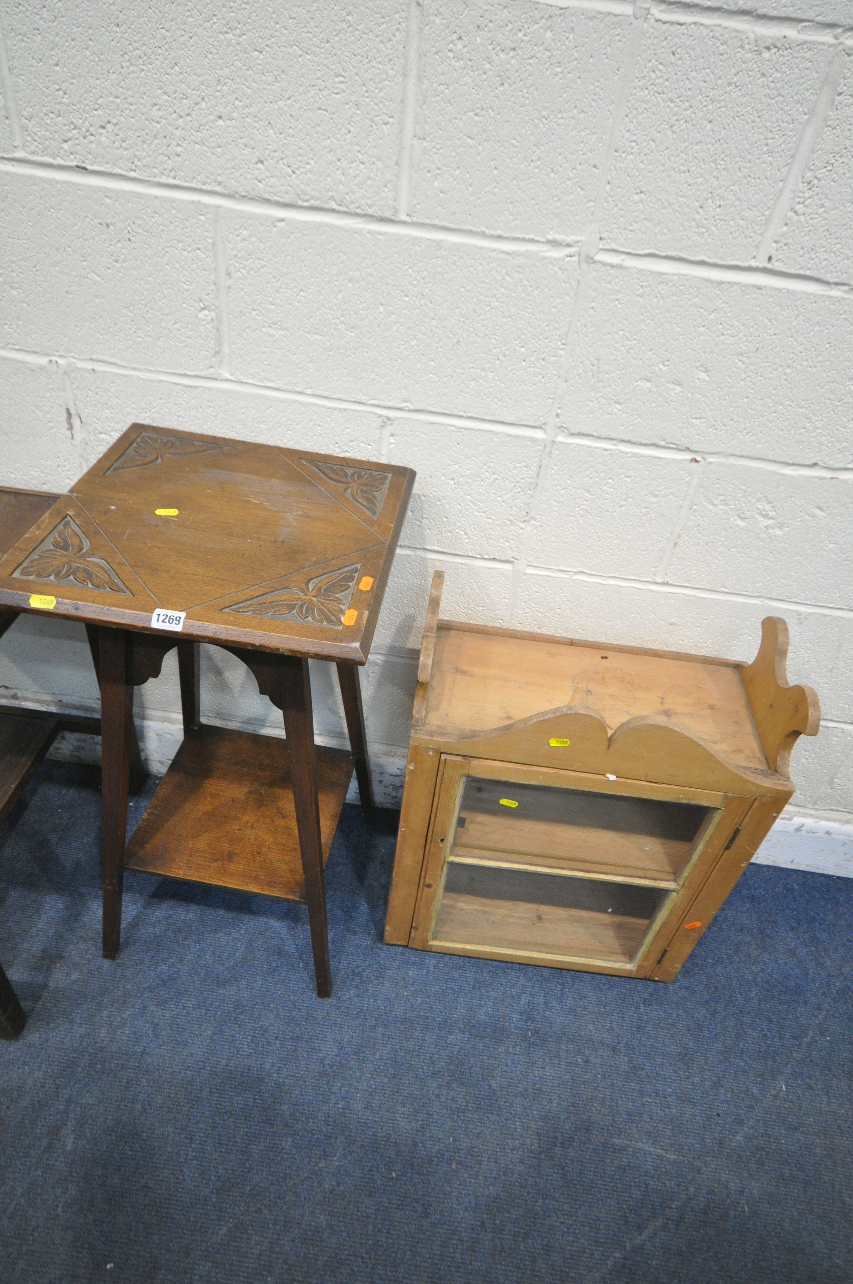 A 20TH CENTURY OAK TWO TIER LAMP TABLE, with foliate details, 41cm squared x height 79cm, a two tier - Image 3 of 8