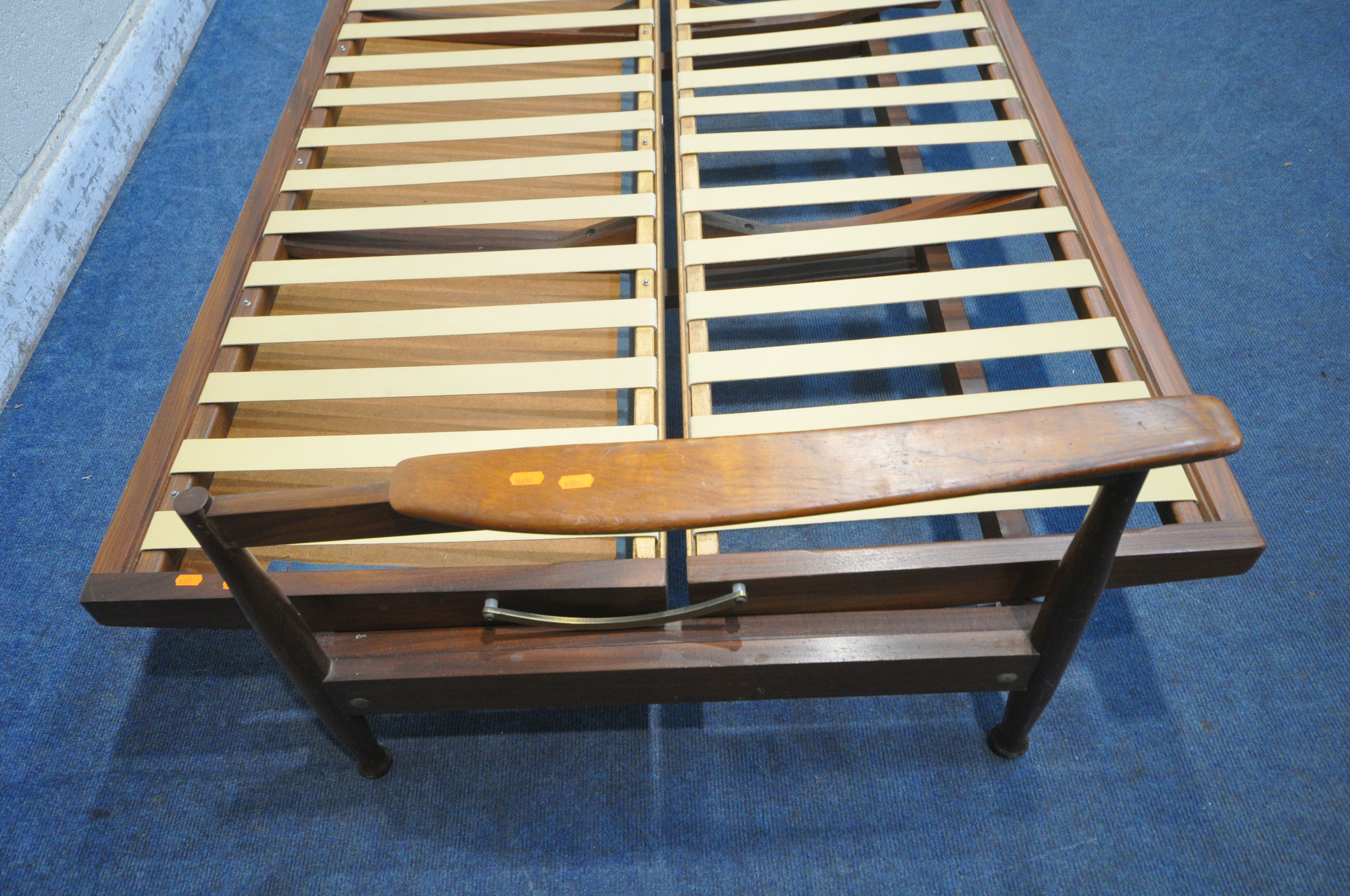 GUY ROGERS, A MID CENTURY TEAK 'MANHATTAN' THREE PIECE SUITE, covered with blue fabric, comprising a - Image 9 of 14