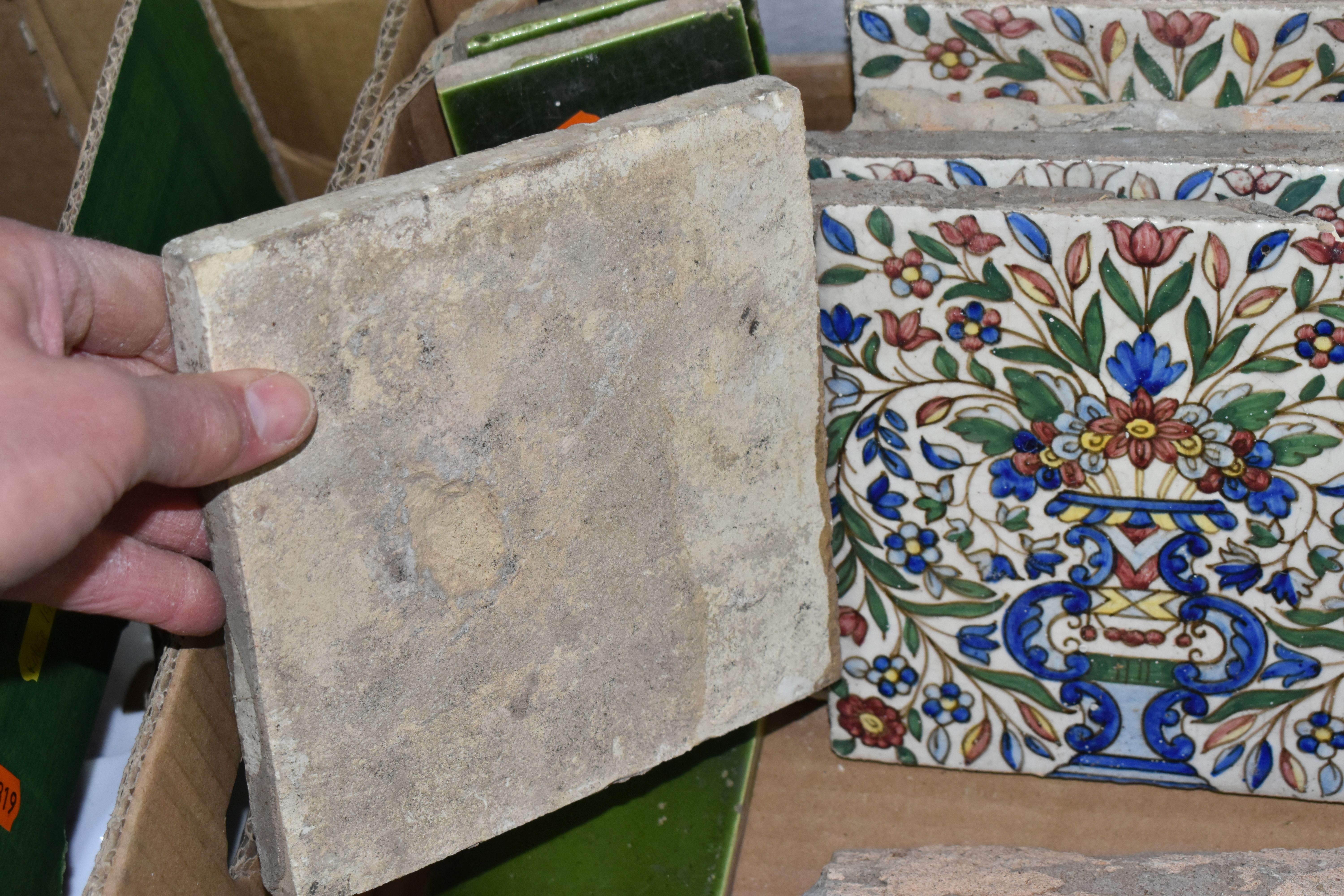 A BOX CONTAINING A SELECTION OF CERAMIC TILES INCLUDING BURSLEM AND WILLIAM DE MORGAN STYLE, - Image 8 of 8