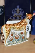 A BOXED ROYAL CROWN DERBY LIMITED EDITION 'CHEETAH' PAPERWEIGHT, for Goviers of Sidmouth, with