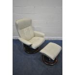 AN EKORNES STRESSLESS CREAM LEATHER RECLINING ARMCHAIR, with a matching footstool (condition report: