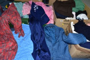 FIVE BOXES OF WOMEN'S VINTAGE CLOTHES including light jackets, skirts, nightwear from various high