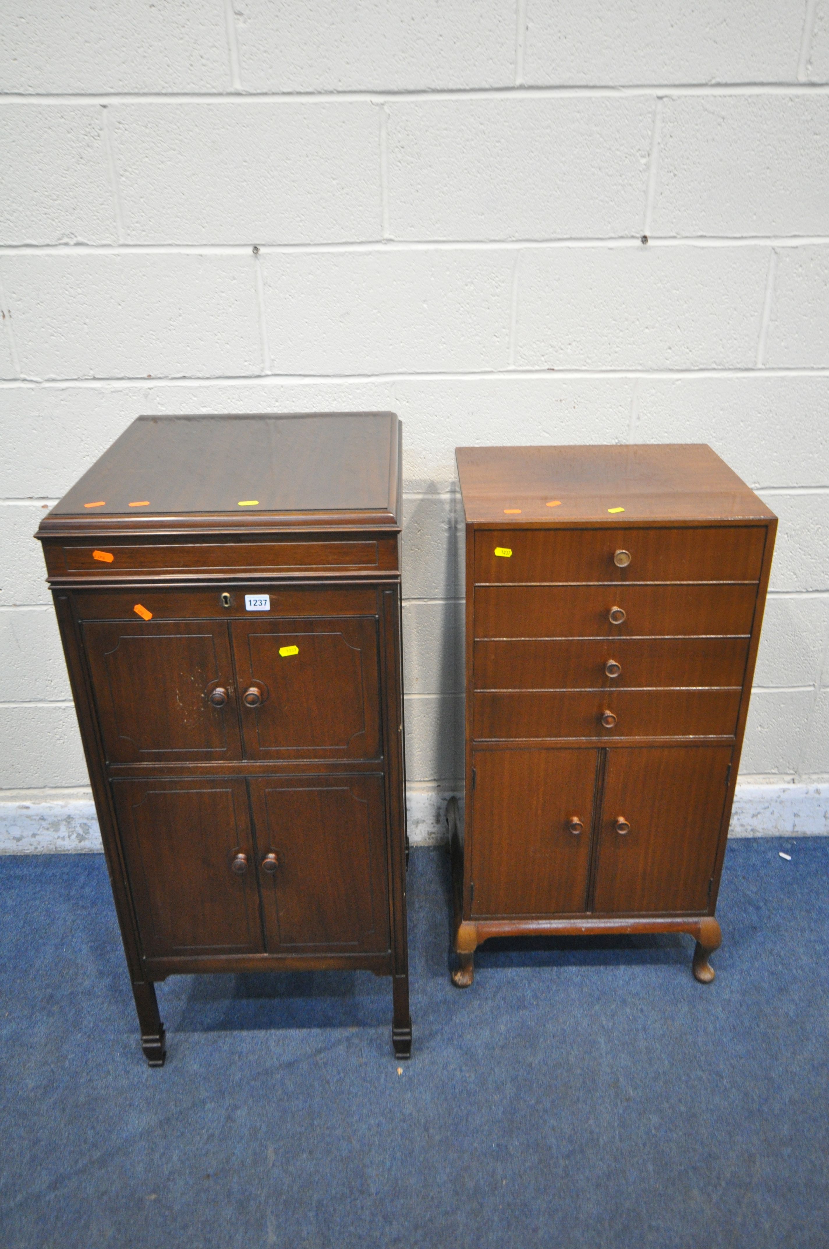 A 20TH CENTURY 'HIS MASTERS VOICE' GRAMOPHONE CABINET, with a hinged lid and four doors, width