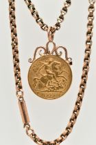 A MOUNTED HALF SOVEREIGN PENDANT AND CHAIN, George V half sovereign, dated 1914, fitted to a