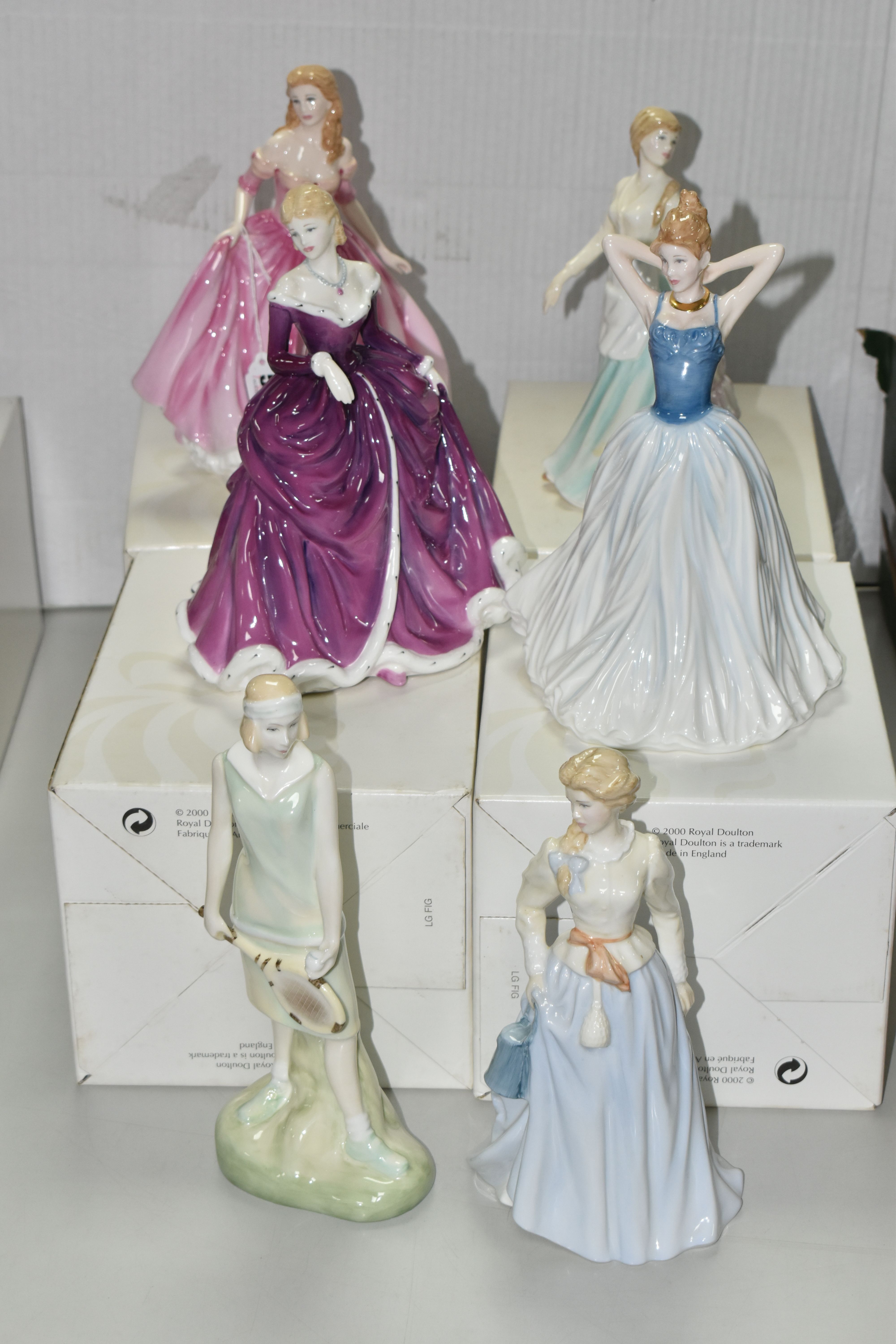 SIX ROYAL DOULTON FIGURINES, to include boxed Classics: Just For You HN4236, Milk Maid HN4305 from