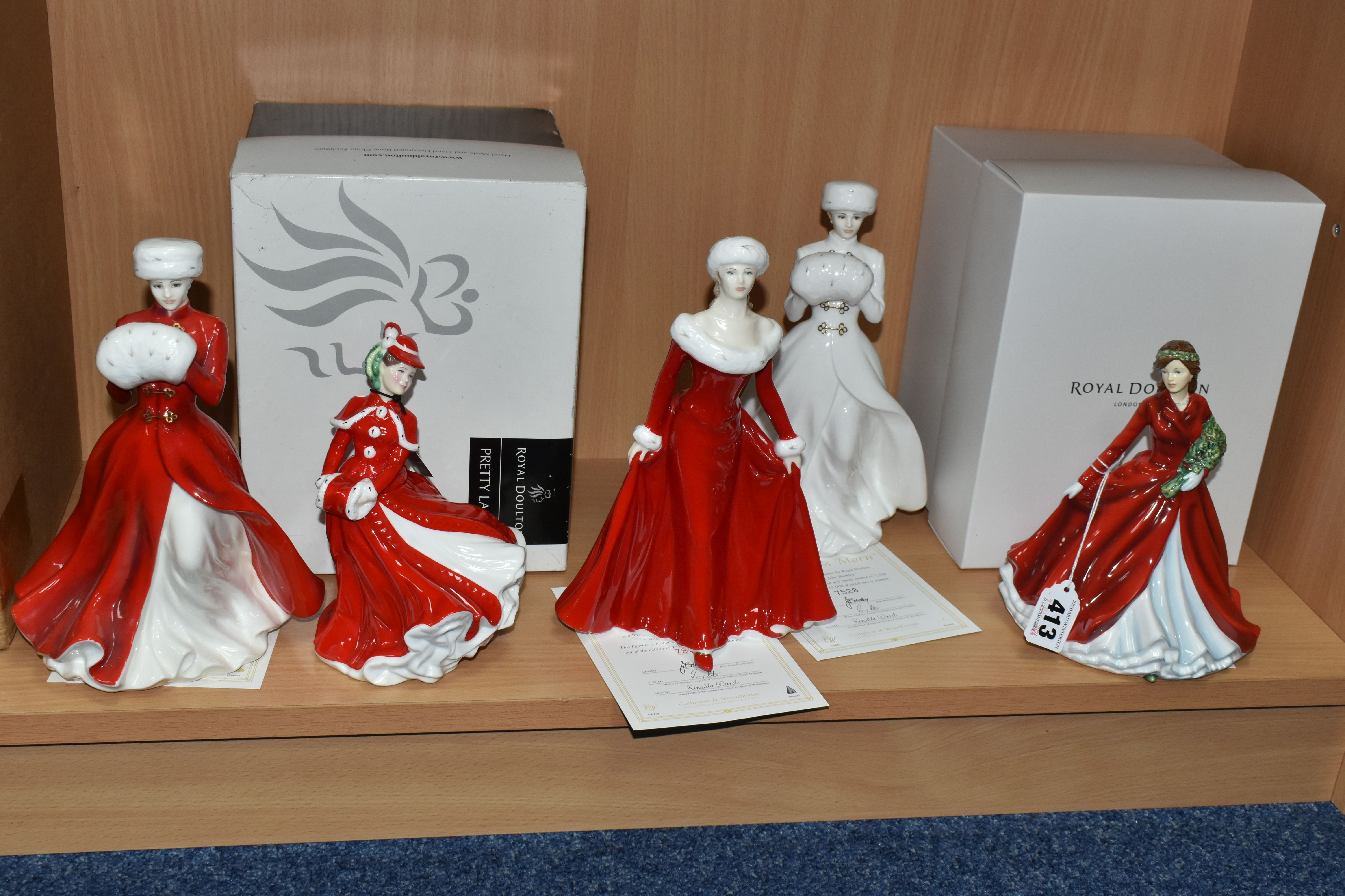 FIVE ROYAL DOULTON FIGURINES, for Compton & Woodhouse, comprising a boxed A Winter's Morn (Red)