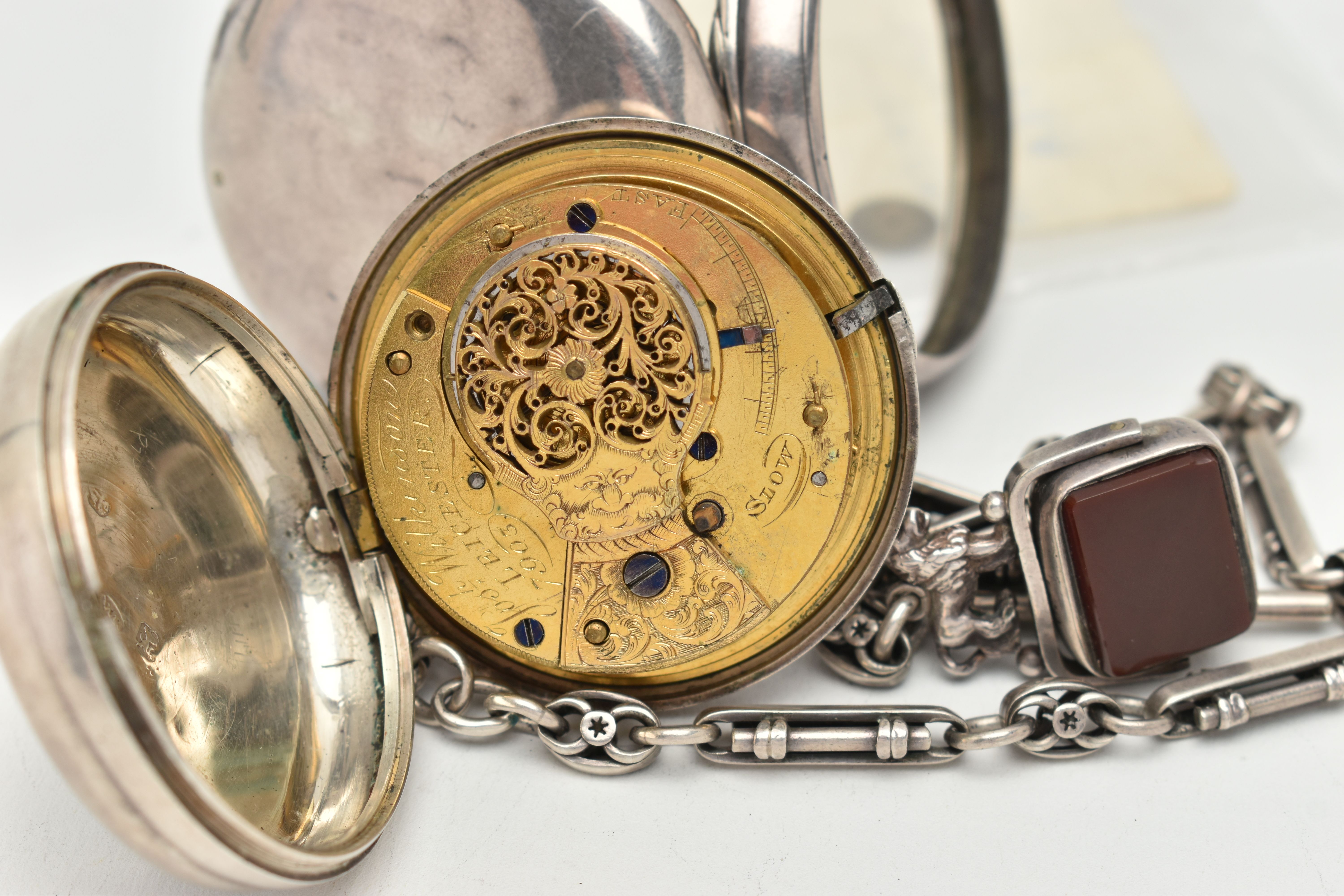 A GEORGE IV SILVER OPEN FACE PAIR CASE POCKET WATCH AND ALBERT CHAIN WITH FOB, key wound, round - Image 8 of 8