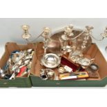 TWO BOXES OF MAINLY SILVER PLATED WARE, to include a pair of candelabras, an oval tray, a