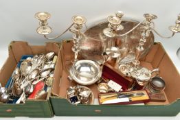 TWO BOXES OF MAINLY SILVER PLATED WARE, to include a pair of candelabras, an oval tray, a
