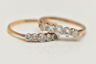 TWO GEM SET RINGS, the first an 18ct gold ring, set with five circular cut, colourless sapphires,