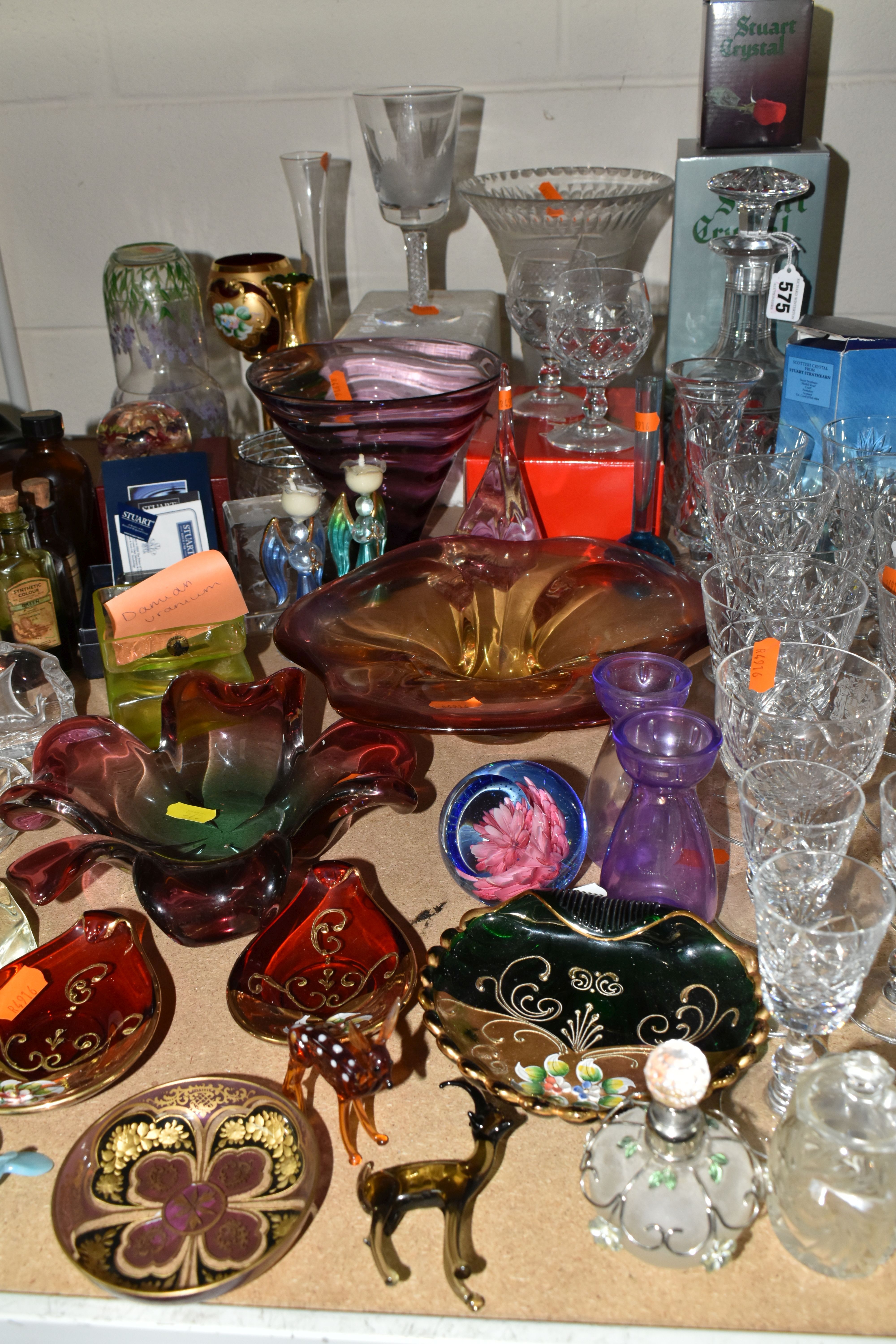 A COLLECTION OF GLASS WARE, to include a purple conical footed vase, possibly Thomas Webb, a