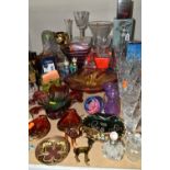 A COLLECTION OF GLASS WARE, to include a purple conical footed vase, possibly Thomas Webb, a