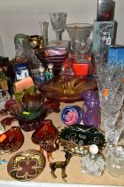 A COLLECTION OF GLASS WARE, to include a purple conical footed vase, possibly Thomas Webb, a