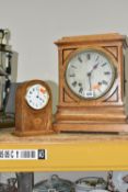 A WOODEN CASED BRACKET CLOCK AND MANTEL CLOCK, the bracket clock with fretwork panels,
