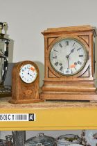 A WOODEN CASED BRACKET CLOCK AND MANTEL CLOCK, the bracket clock with fretwork panels,