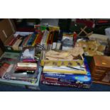 TWO BOXES AND LOOSE, INCLUDING BOOKS, GAMES, PELHAM PUPPET, SHOOTING STICK, a variety of board