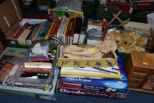 TWO BOXES AND LOOSE, INCLUDING BOOKS, GAMES, PELHAM PUPPET, SHOOTING STICK, a variety of board