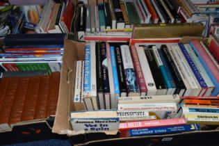 FIVE BOXES OF ASSORTED BOOKS INCLUDING BIOGRAPHIES, GERMAN LITERATURE, BIRMINGHAM CITY FC MATCH