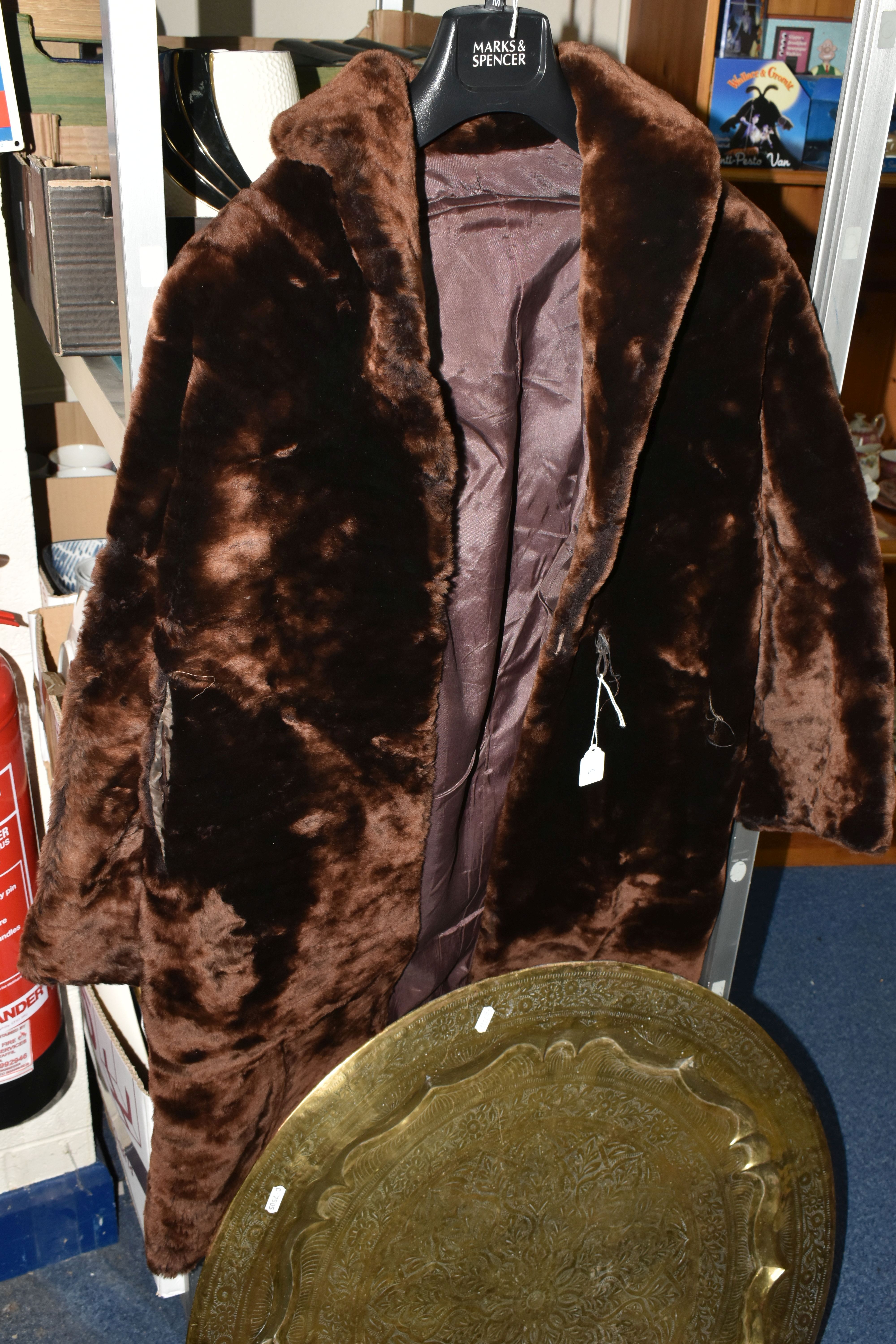 TWO BOXES OF BOOKS AND SUNDRIES, to include a vintage brown faux fur coat, large brass circular - Image 6 of 10