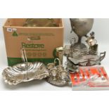 A BOX OF ASSORTED WHITE METAL WARE, to include a large white metal tea urn, EPNS egg cups with
