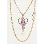 A 9CT GOLD PENDANT NECKLACE, heart shape scrolling pendant set with an oval cut amethyst four claw