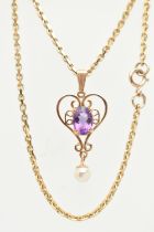 A 9CT GOLD PENDANT NECKLACE, heart shape scrolling pendant set with an oval cut amethyst four claw