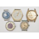FIVE VINTAGE GENTS WATCH HEADS, names to include 'Sekonda, Ruhla, Larex, Lucerne, Admiral' all