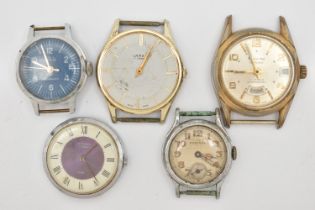 FIVE VINTAGE GENTS WATCH HEADS, names to include 'Sekonda, Ruhla, Larex, Lucerne, Admiral' all