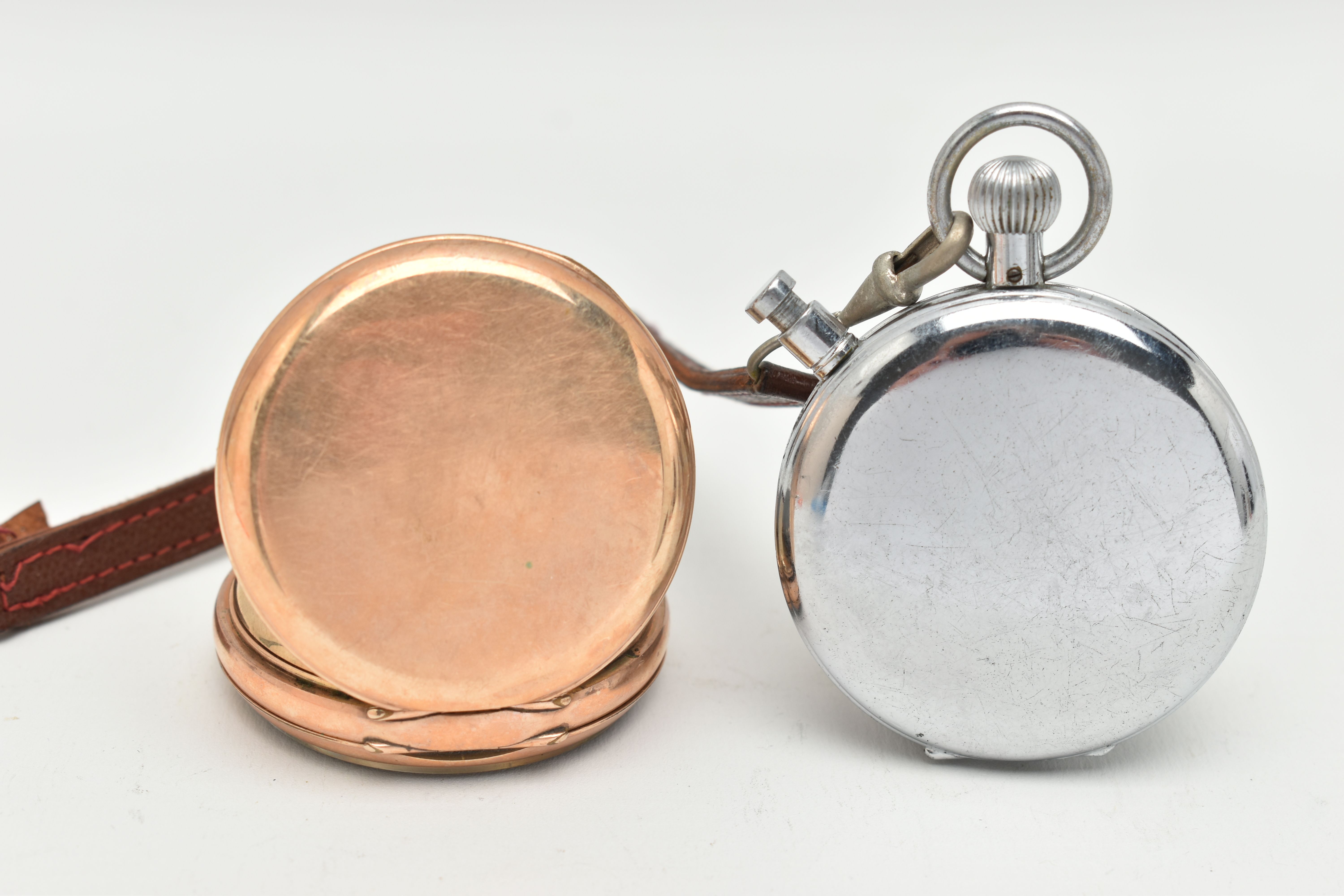 A ROLLED GOLD OPEN FACE POCKET WATCH AND A STOP WATCH, manual wind pocket watch, round white dial - Image 2 of 4