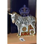 A BOXED ROYAL CROWN DERBY 'ZEBRA' PAPERWEIGHT, with gold stopper, red printed backstamp and date