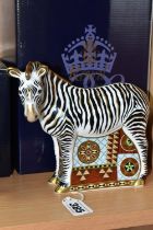 A BOXED ROYAL CROWN DERBY 'ZEBRA' PAPERWEIGHT, with gold stopper, red printed backstamp and date