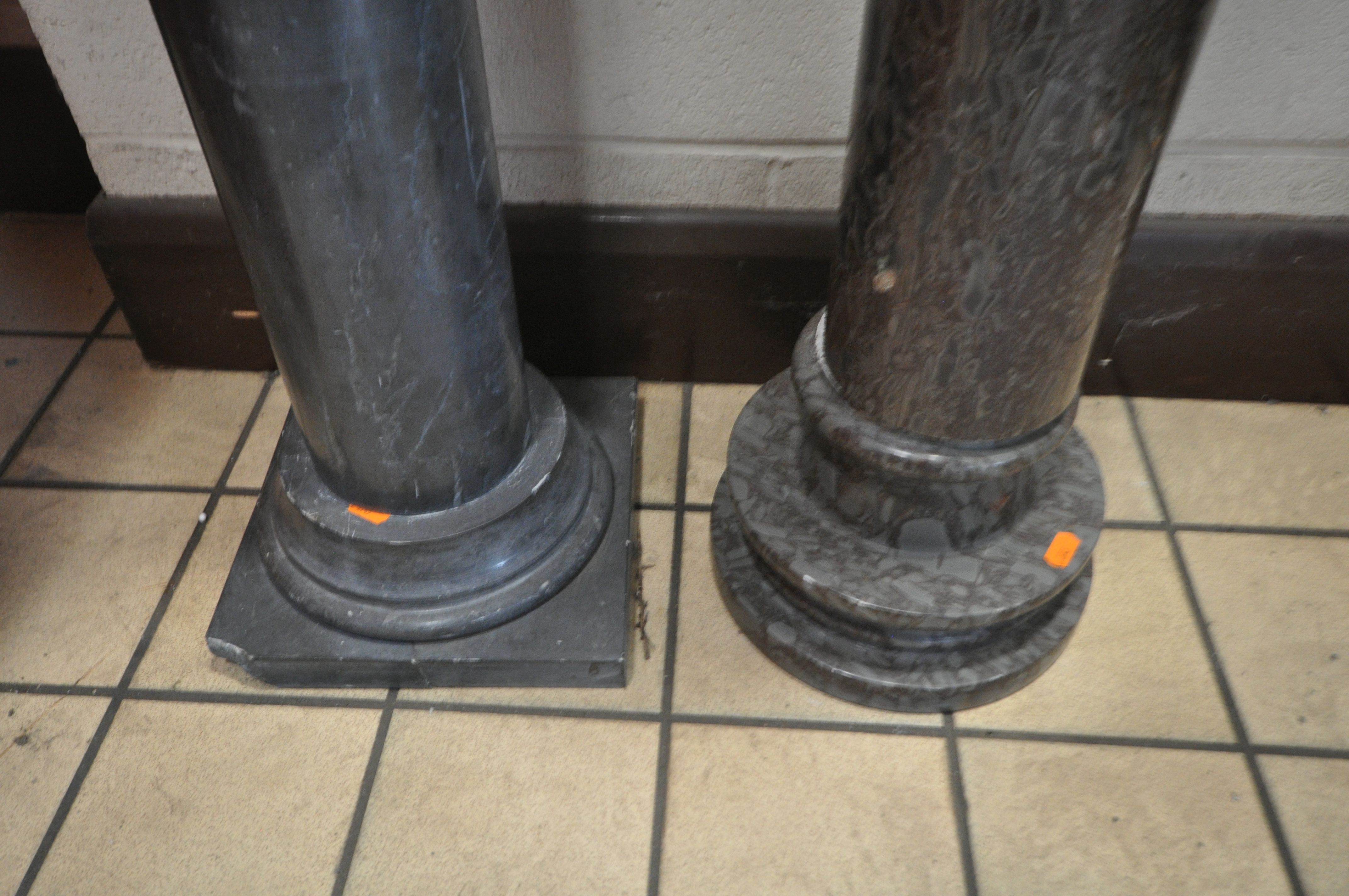 TWO MARBLE PILLARS, with dish tops, cylindrical columns on stepped bases, tallest height 110cm ( - Image 4 of 6