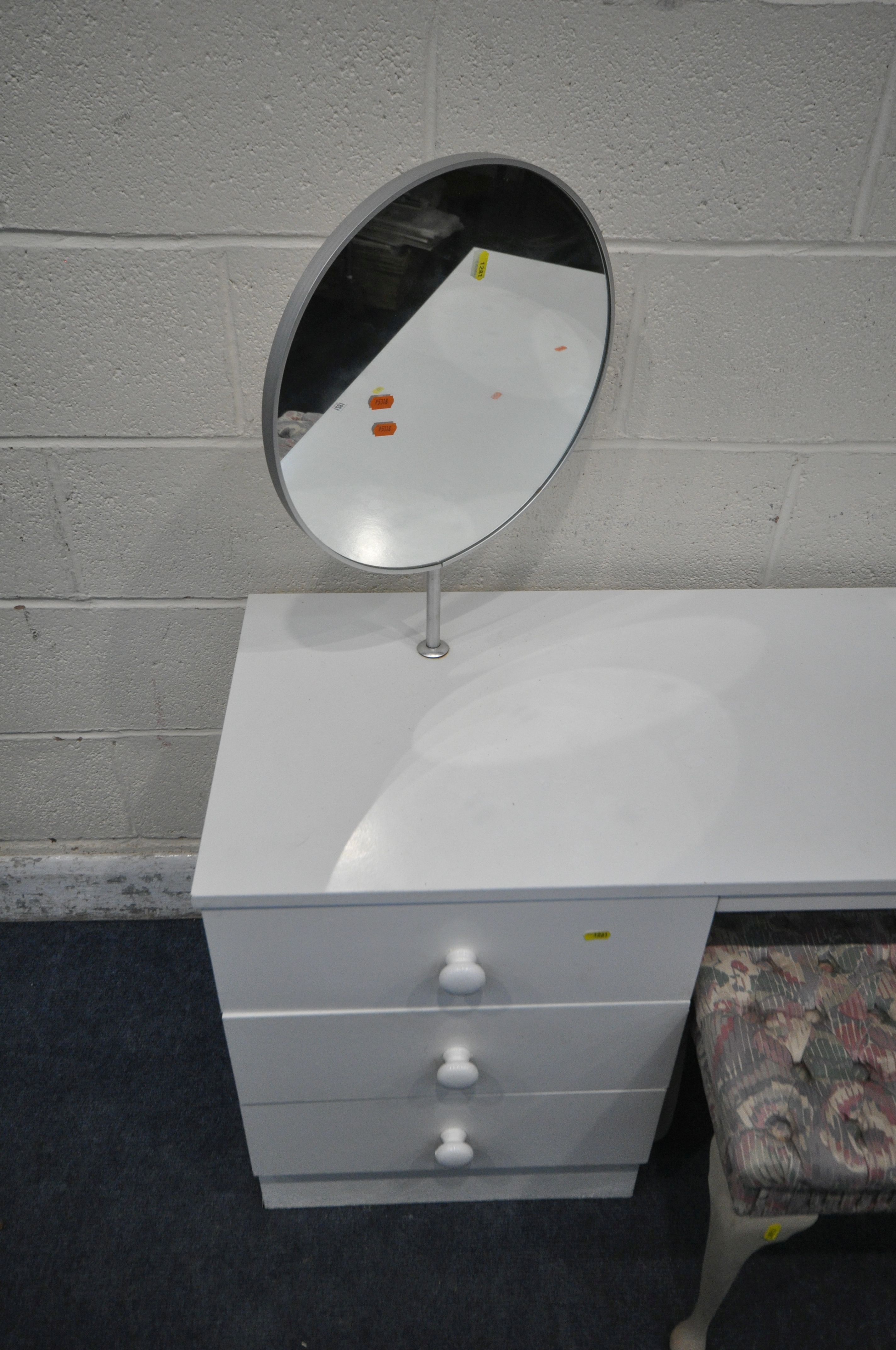 A WHITE DRESSING TABLE, with two circular mirrors and two banks of three drawers, length 146cm x - Image 2 of 3